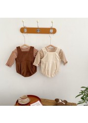 Baby Boys and Girls Clothes Long Sleeve Striped Top Bear Overalls Jumpsuit 2pcs Spring Newborn Baby Clothing Outfits