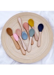 Wooden Feeding Handle Silicone Spoon For Baby Utensils Eat Soild Food Kids Training Ability Manipulation Children's Tableware