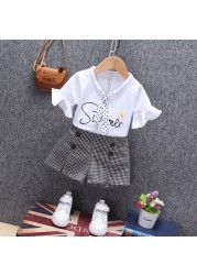 Girl Summer Clothes Set Letter Printed Petal Sleeve T-shirt + Check Short Pants 2 Pieces Suit With Point Necktie For Kids 12M-4Y JYF