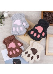 Cute Cat Paw Plush Fingerless Gloves Winter Warm Faux Fur Gloves Half Finger Gloves Lovely Bear Paw Gloves For Women Girls