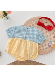 New arrival summer baby girl bodysuit cotton plaid patchwork bow newborn rompers princess birthday infant cloth with headband