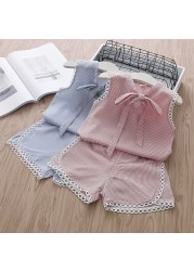 Kids Girl Plaid 2 Pieces Clothing Sets 2022 New Summer Fashion Lattice Bowknot Suits White Sealing Children Clothes Outfit