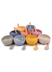 Baby Silicone Bowl Feeding Tableware Children Suction Bowl Plate Wooden Handle Silicone Spoon Dish Set For Baby Kitchen Utensils