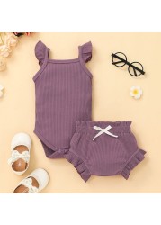 Summer Newborn Infant Baby Girls Ribbed Romper Triangle Pants Solid Color Baby Sets Toddler Outfits 0-18 Months For Baby