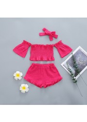 Infant Girls Clothes Baby Girl Toddler Off Shoulder Short Sleeve Tops Belt Pants Headband Outfit Sunsuit Kids Clothes Set 1-5y