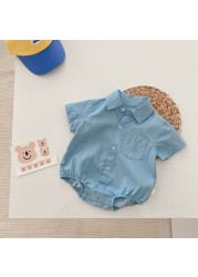 Summer 2022 Infant Boys Short Sleeve Bowtie Lapel Collar Gentleman Birthday Party Baby Bodysuits Rompers Toddler Outfits