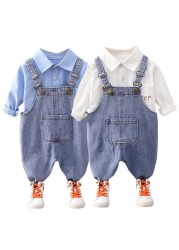 summer baby long sleeve denim shirt straps shorts casual suit boy clothing set children sets 1-4 years for baby