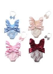 2022 Cute Ruffled Girls Swimwear With Bow Headband Kids Backless Bathing Suit Kids Beachwear