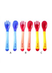 Children spoon and fork baby safety temperature sensor children feeding dishes kitchen spoons for kids