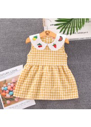 Summer Toddler Girls Sweet Dress 2021 New Casual Fashion Kids Plaid Skirt Baby Peter Pan Collar with Fruit Printed Clothing