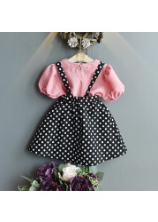 Summer 2022 Girl Suspender Set New Fashion Short Sleeve Polka Dot Girls Clothes College Elegant Set Kids Clothes