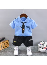 New Summer Baby Boys Handsome Captain Clothing Sets Baby Girls Print Cotton T-shirt + Shorts 2pcs Sets Kids Infant Clothes