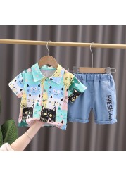 Baby Boy Boys Clothes Cotton Short Sleeve Animal Print Gentleman T-shirts Short Jeans Set Baby Outfits Boy's Clothing Suit