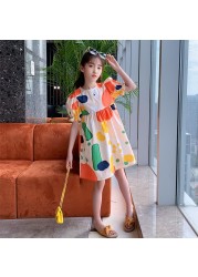 Big Girls Colorful Dress Kids Dresses for Girls Puff Sleeve Beach Dress Kids Girls Clothes 4 to 14 Summer Dress