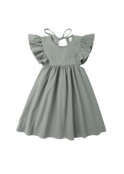 Solid White Girls Dress Ruffle Sleeve Kids Summer Clothes Baby Girls Linen Cotton Dresses A-line Casual O-neck Dress