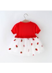 Cute Summer Short Sleeve Strawberry Print Dress Baby Kids Holiday Party Dresses Tulle Princess Dress For Girls