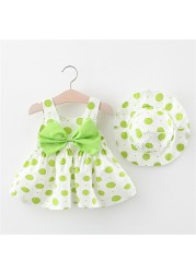 Cute Girls Dress New Summer Baby Boy Dresses Cute Sleeveless Bowknot Baby Dress Girls Dot Print Princess Dress Hat Set