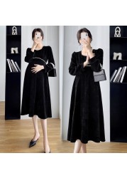 Spring Women Corduroy Pregnancy Women Dress Long Sleeve Maternity Long Dress Chic Ins Elegant A-Line Slim Clothes for Pregnant Women