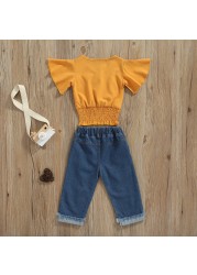 Ma & Baby 1-6Y Baby Boy Girls Clothes Set Ruffle Button V-Neck Denim Tops Pants Outfits Costumes D01