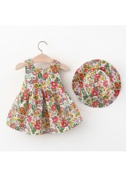 Baby Girls Dresses Vintage Floral Print Bow Princess Dress with Hat 2022 Summer Children 0-2 Years Kids Dress Girls Clothes