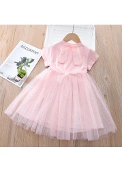 Fashion Summer Kids Clothes Cartoon Short Sleeve Princess Mesh Dress Baby Girls Birthday Costume Korean Pretty Vestidos