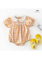 Summer Newborn Baby Shirts Twin Clothes Fashion Plaid Shirts Infant Peter Pan Neck Baby Shirts 0-3 Years