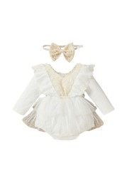 Weixinbuy 2pcs/set Newborn Girl White Solid Color Princess Rompers Kids Baby Girls Lace Long Sleeved Jumpsuit Headband