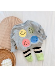 2022 spring kids clothes set cartoon long sleeve smile loose blouse and pants 2 piece suit