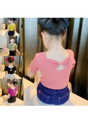 Girls T-shirt Kids Short Sleeve Back Bow-knot Baby Cotton Shirt Clothes 2022 Summer Chilren Hot Color Surface Tees