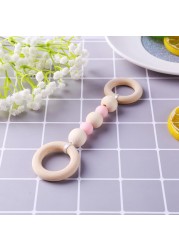 Wooden Baby Teether Ring Chain Newborn Infant Organic Wood Silicone Beads Nursing Teething Chew Toys Baby Teether Gift