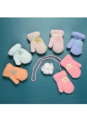 0-2Y Soft Plus Velvet Baby Boys Girls Gloves Newborn Mittens Outdoor Warm Rope Full Finger Kids Gloves Children Thick Fleece