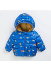 Cartoon Dinosaur Flower Print Hooded Cotton Down Jacket Baby Winter Cartoon Windproof Coat Hooded Warm Outerwear Jacket Freeship