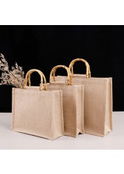 Portable Burlap Shopping Bag Jute Handbag Bamboo Ring Retro Carry Handles DIY Handbag Women Large Size Beach Bag for Girls