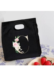 Rose Flower Letters A-Z Canvas Lunch Bag Harajuku Insulated Functional Thermal Pouch Cooler Bags for Women Funny Kid Picnic Box