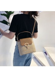 Women Bucket Casual Crossbody Bags Straw Weave PU Patchwork Top Handle Bags Summer Beach Female Flap Shoulder Messenger Bags