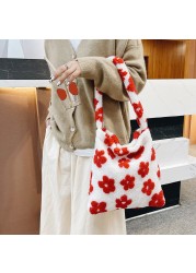 Trend plush women bag flower print elegant designer shoulder shopper bag female autumn and winter large capacity tote handbags