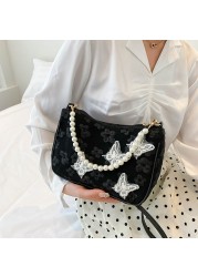 Retro Handbag 2022 Spring Butterfly Print Women Shoulder Bags Pearl Chain Handbags Female Crossbody Messenger Clutch Bags