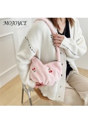 Female Fashion Cherry Pattern Shoulder Bag Winter Mobile Phone Top Handle Bag Warm Plush Tote Decorative Handbag