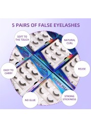 5 Pairs - Reusable Self Adhesive False Eyelashes With Adhesive Tape Natural Waterproof Eye Lashes To Wear No Glue Needed