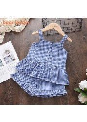 Bear Leader Baby Girls Clothes Sets Summer Plaid Print Girl Sleeveless T-shirts Vest Pants 2pcs Casual Outfits Kids Clothes