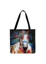 Reusable Linen Shopping Bags Casual Ladies Animal Horse Printed Pattern Tote Square Large Capacity Storage Bag