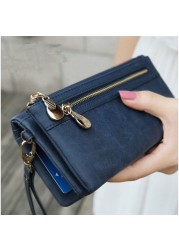 Fashion Women Wallets Dull Polish Leather Wallet Double Zipper Day Clutch Purse Wristlet Coin Purse Card Holder Billetera