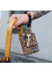 Wristlet purse bracelet keychain card holder pocket with elastic beaded keyring tassel, portable home car keys ring holder