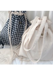 Shopping Bags For Women Plaid Casual Drawstring Adjustable Ins Cute Students Shopper Bag Korean Style