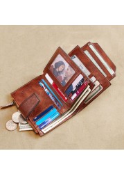 Men's Genuine Leather Wallet Vintage Short Multifunctional Business Card Holder RFID Blocking Zipper Coin Pocket Money Clip