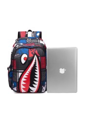 Fashion trend lightweight shark boy student backpack computer USB charging simple printing personality junior high school bag