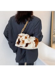 INS Fashion Women Winter Cloud Bag Cow Print Soft Plush Shoulder Bag Female Thick Chain Handbags Ladies Warm Fur Underarm Bags