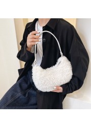 Women's Soft Plush Shoulder Bag Solid Color Hobos Warm Cloth Handbag Female Autumn Winter Casual Small Tote Bag Underarm Shopper