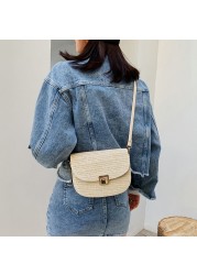 Ladies Vintage Straw Woven Chain Shoulder Bag Women Summer Small Handbag Female Beach Vacation Vacation Half Circle Saddle Bags