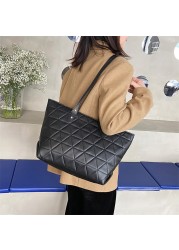 Women Exquisite PU Leather Embroidery Thread Tote Bag Designer Diamond Lattice Top Handle Bag Large Capacity Handbags